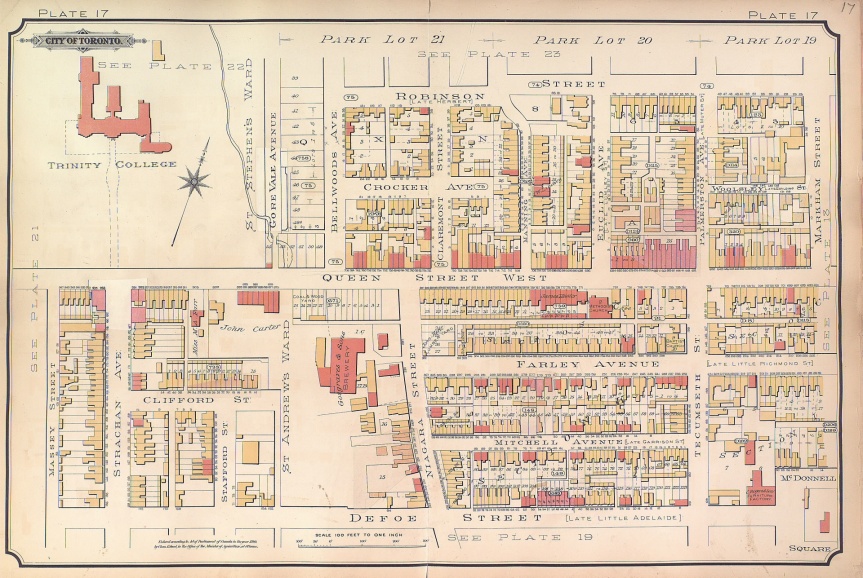 1892 map of Toronto for insurance purposes - Cosgrave's is south of Queen West (via Toronto Public Library)